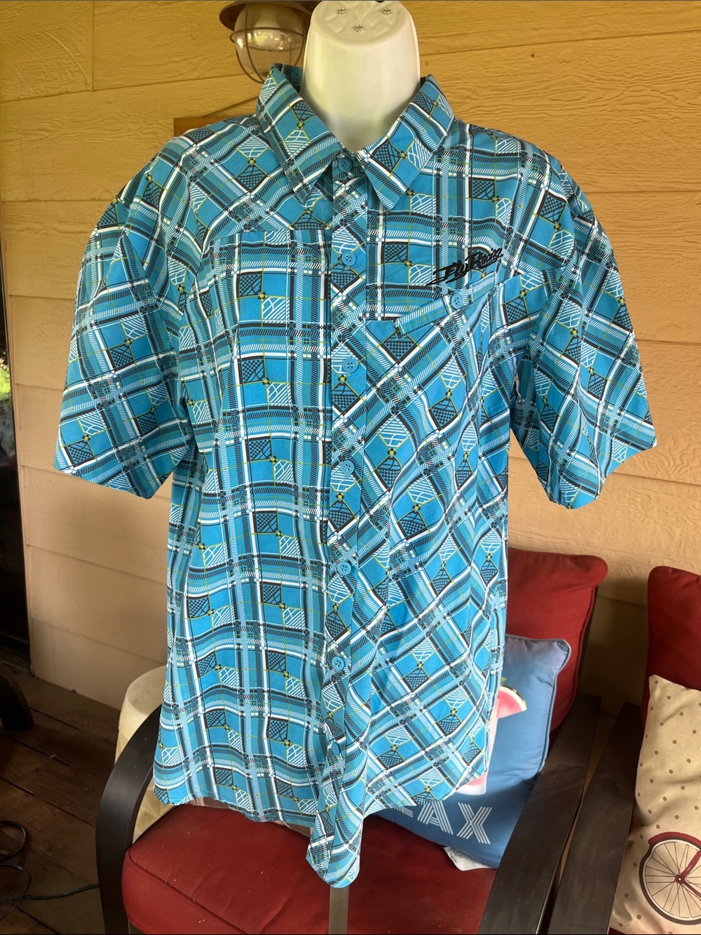 Fly Racing EUC Short-Sleeve Plaid Button-Down Shirt - Turquoise Blue Sz L